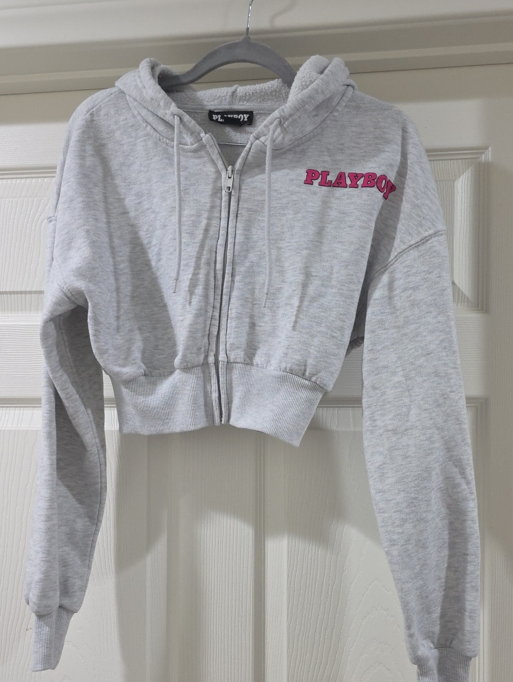 PLAYBOY Light Gray Cropped Zip Hoodie with Pink Logo